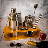 Premium 10 Piece Stainless Steel Bar Tools Set with Stylish Oval Wooden Stand