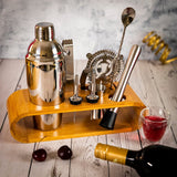 Premium 10 Piece Stainless Steel Bar Tools Set with Stylish Oval Wooden Stand