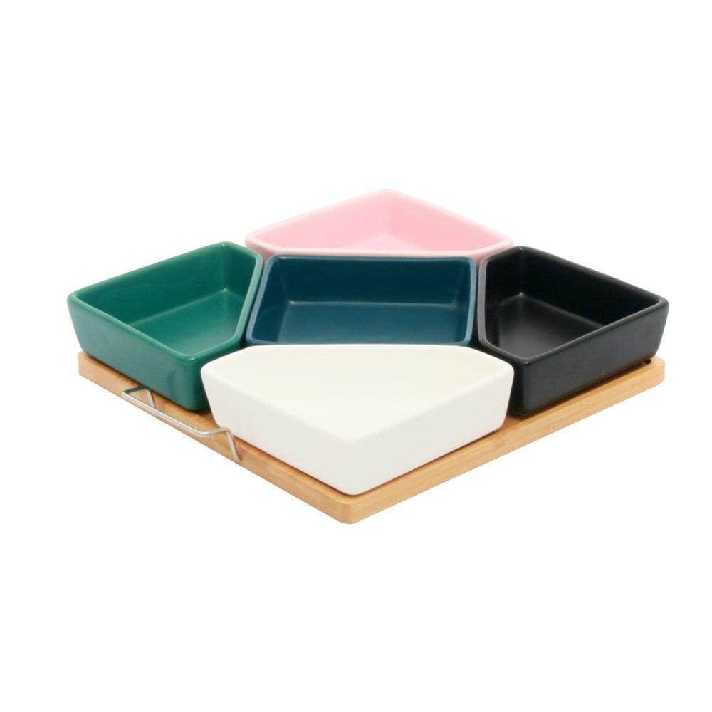 5 Multicolor Bowls on Wooden Tray - EZ Life