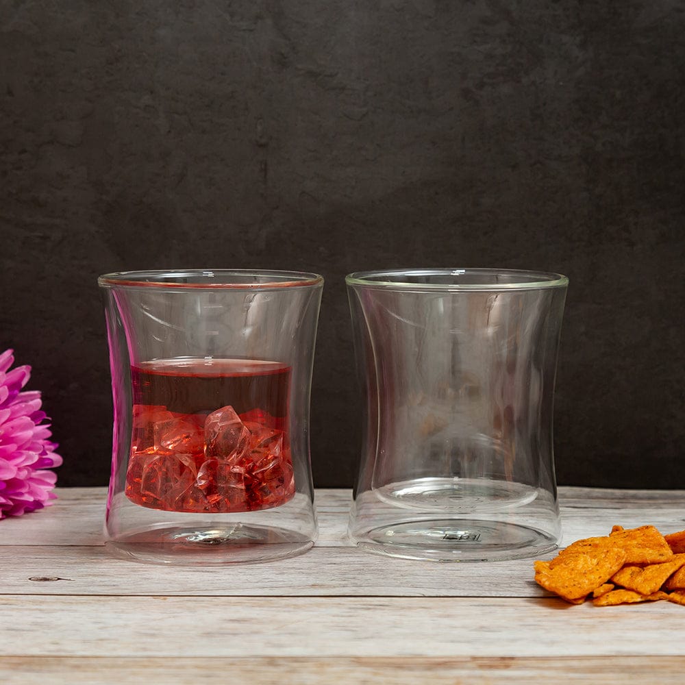 Borosilicate double Wall Curvilicious Glass, Insulated transparent glass, Water, Cocktail Glasses, Lightweight, Dishwasher Safe, Luxury Gift Set for Men or Women, friends, 250 ml, Pack of 2