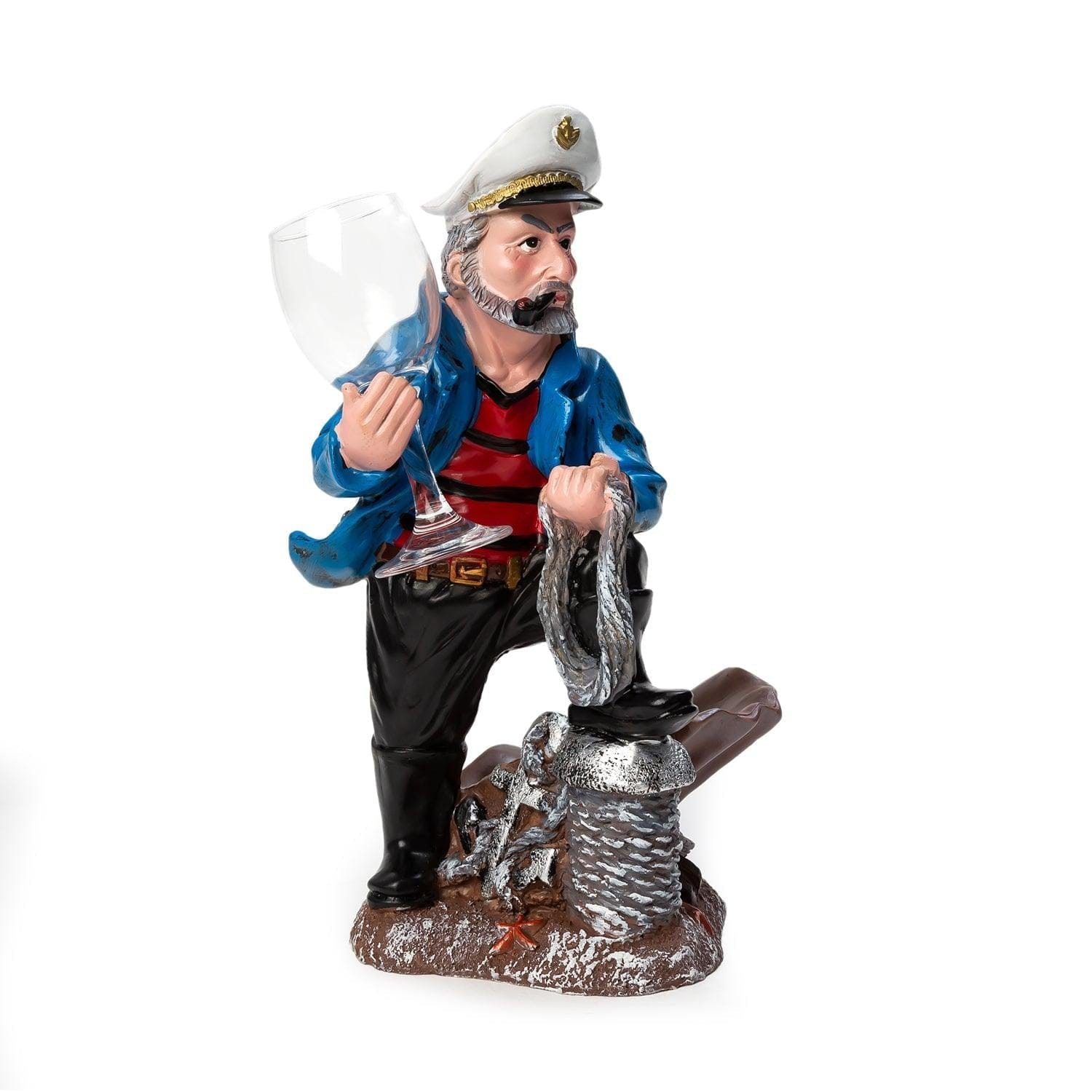 Nautical Sailor Figurine Resin Bottle Holder with 1 Wine Glass Set (Dredger - Blue Coat)
