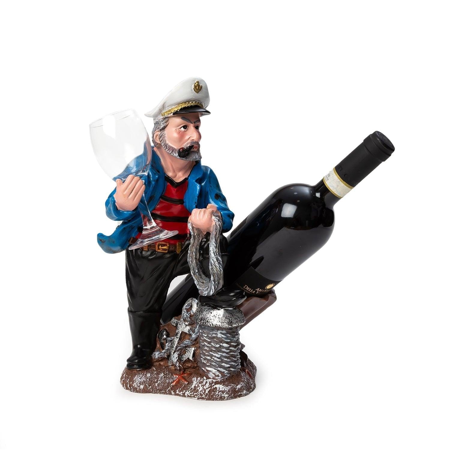 Nautical Sailor Figurine Resin Bottle Holder with 1 Wine Glass Set (Dredger - Blue Coat)