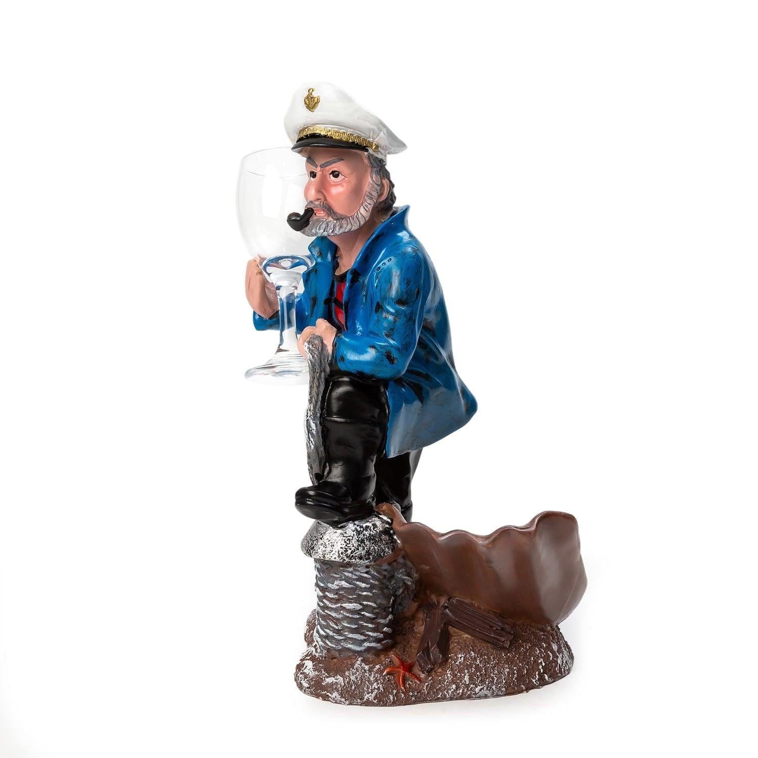 Nautical Sailor Figurine Resin Bottle Holder with 1 Wine Glass Set (Dredger - Blue Coat)