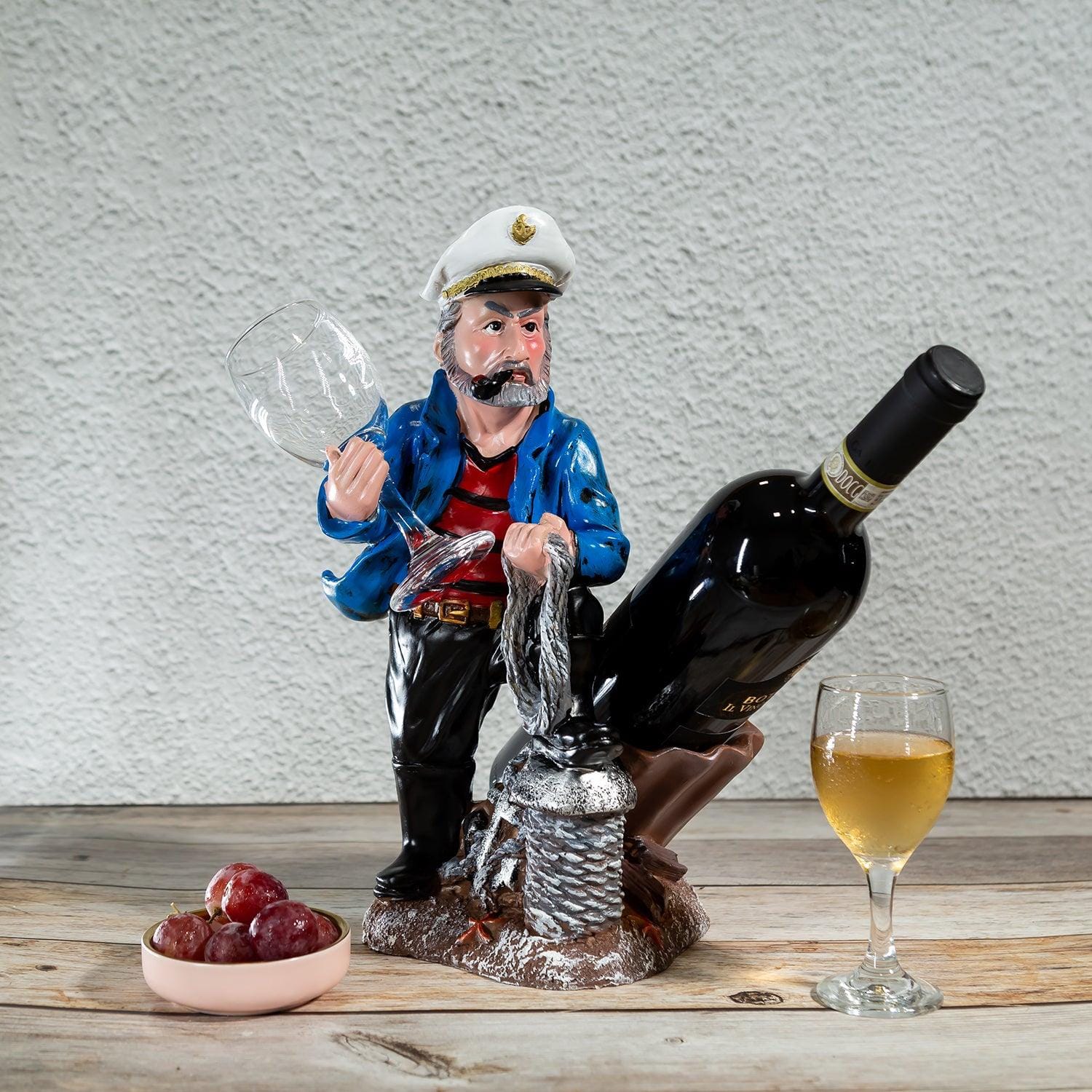 Nautical Sailor Figurine Resin Bottle Holder with 1 Wine Glass Set (Dredger - Blue Coat)