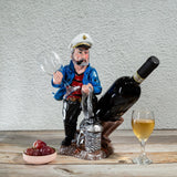 Nautical Sailor Figurine Resin Bottle Holder with 1 Wine Glass Set (Dredger - Blue Coat)