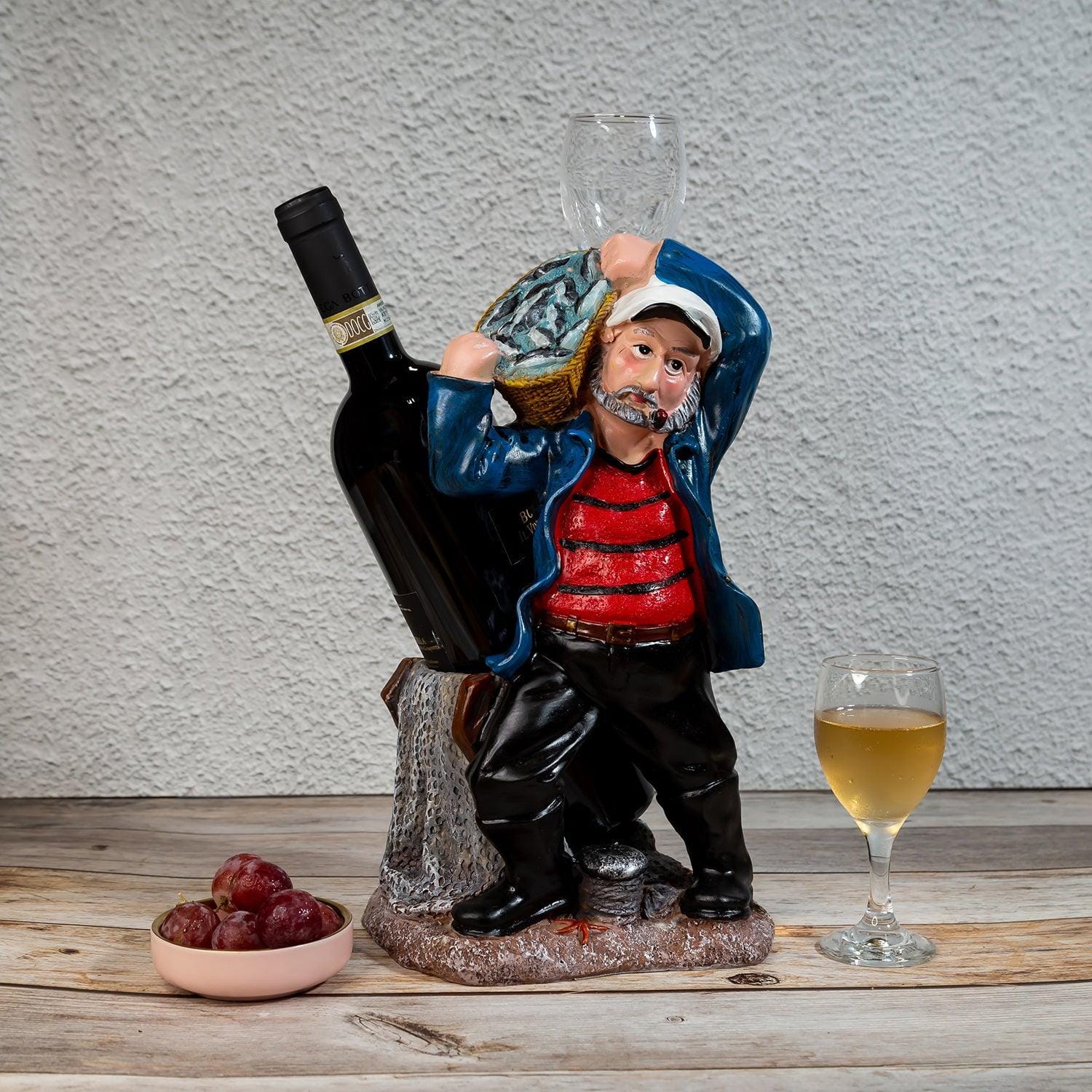 Nautical Sailor Figurine Resin Bottle Holder with 1 Wine Glass Set (Laundry - Red Shirt)