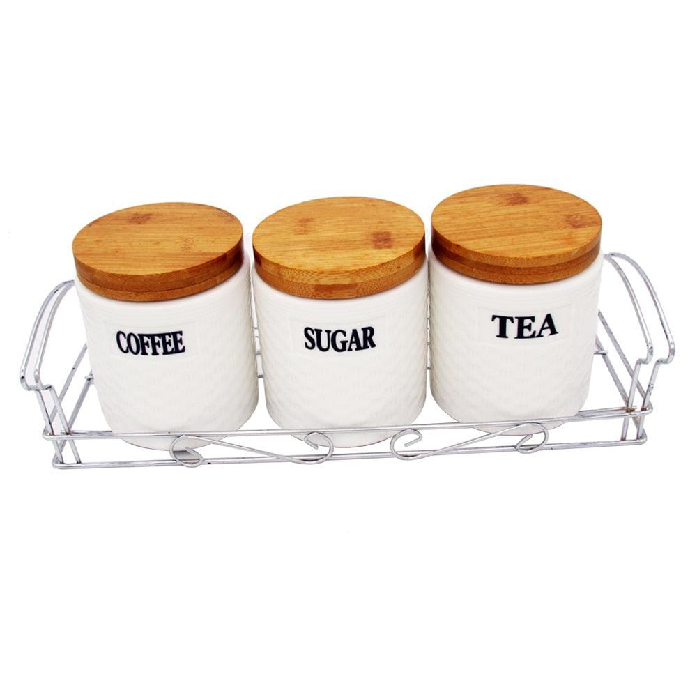 Tea, Coffee, Sugar - 3 White Ceramic Checks Jars with Lid on Wooden Tray Set