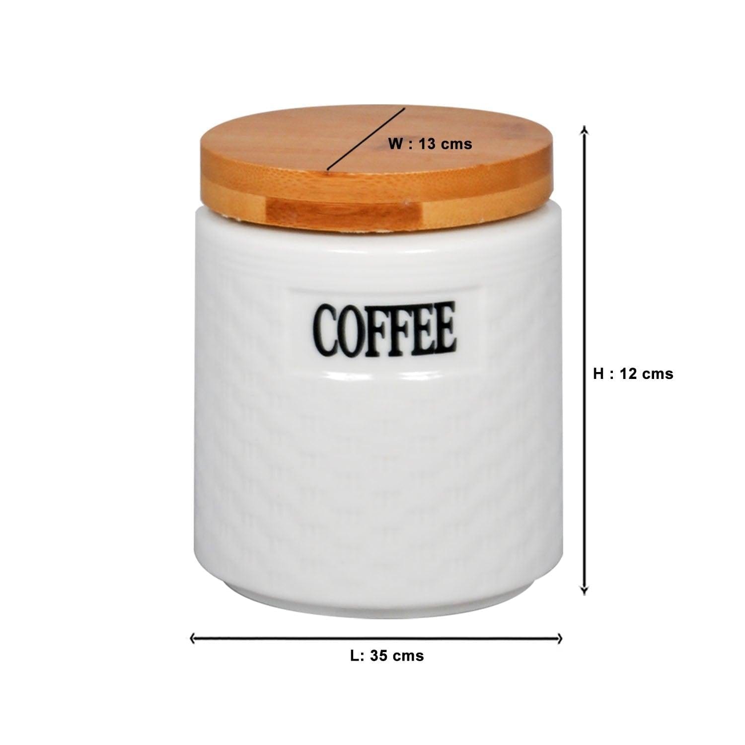 Tea, Coffee, Sugar - 3 White Ceramic Checks Jars with Lid on Wooden Tray Set