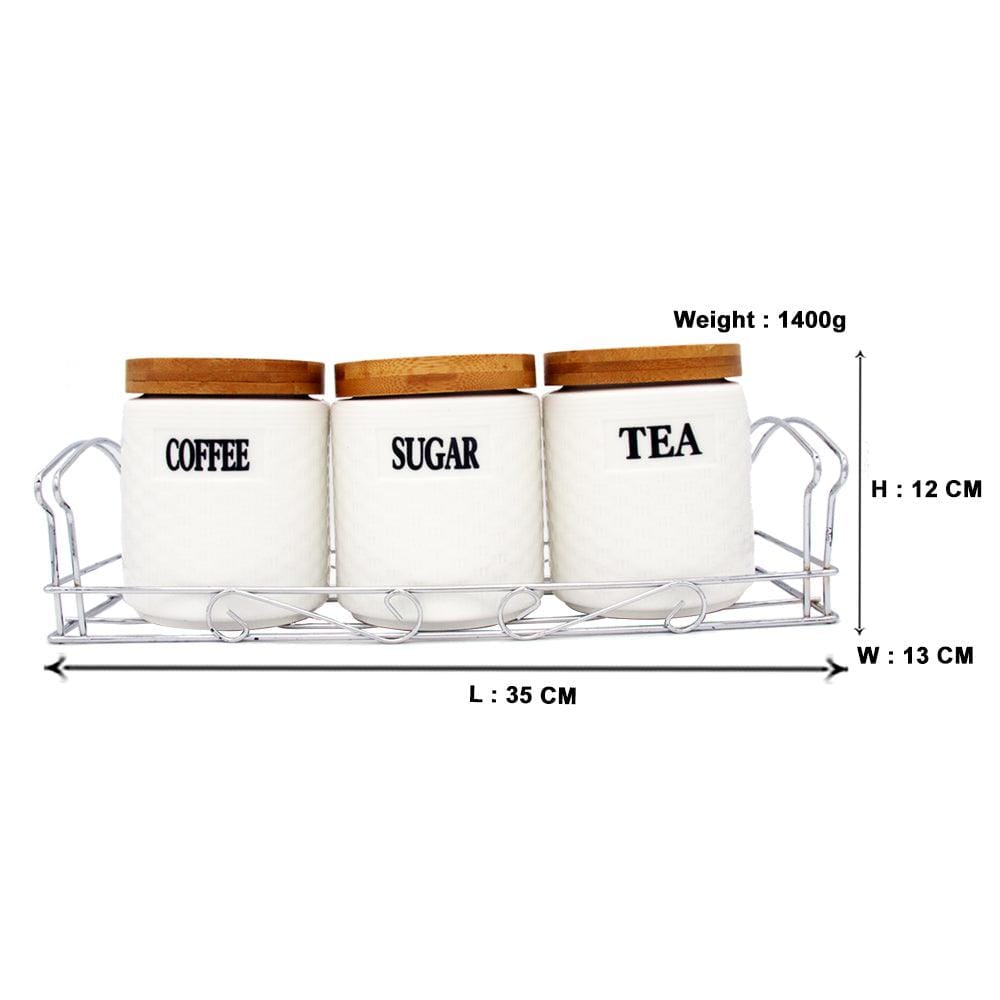 Tea, Coffee, Sugar - 3 White Ceramic Checks Jars with Lid on Wooden Tray Set