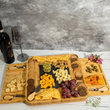 Bamboo Wood Cheese Serving Platter with in-built Double Drawer and 4 Cheese Tools Set