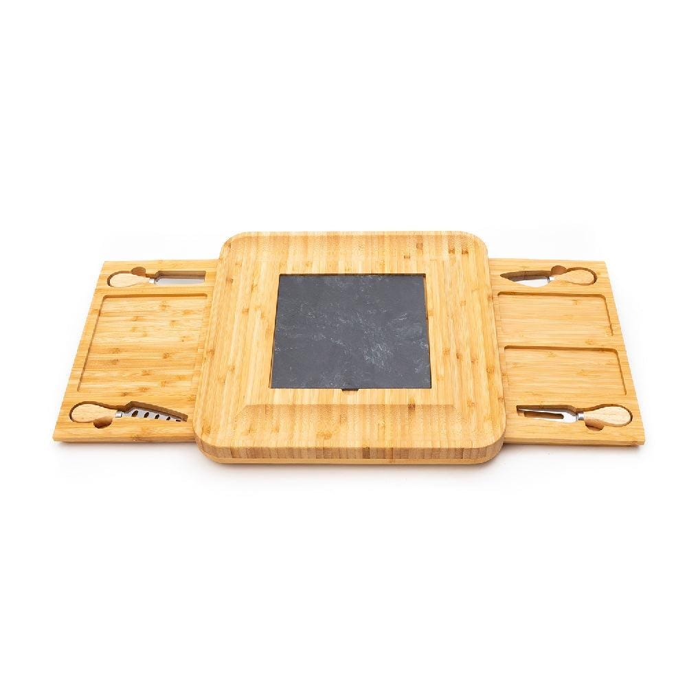Bamboo Wood Cheese Serving Platter with in-built Double Drawer and 4 Cheese Tools Set