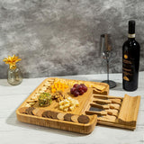 Bamboo Wood Cheese Serving Platter with in-built Single Drawer and 4 Cheese Tools with Wooden Handle Set