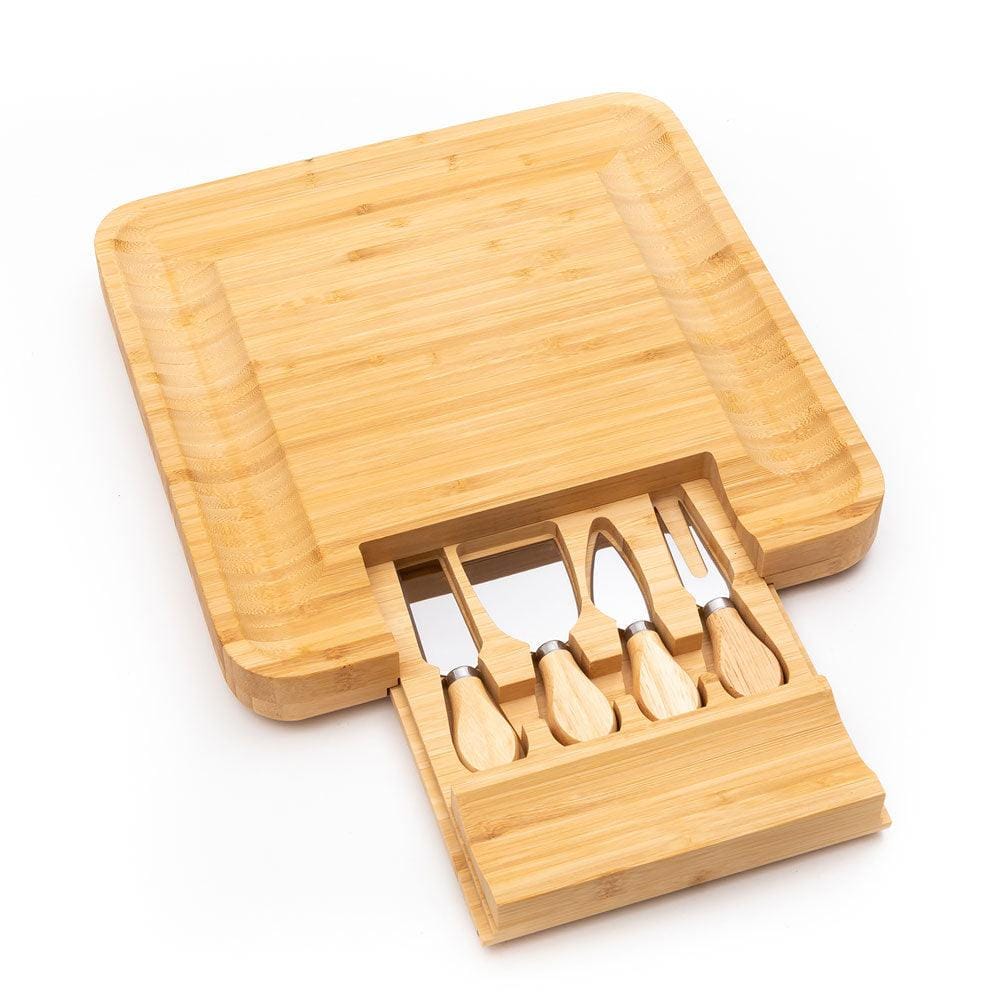 Bamboo Wood Cheese Serving Platter with in-built Single Drawer and 4 Cheese Tools with Wooden Handle Set