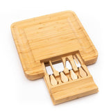Bamboo Wood Cheese Serving Platter with in-built Single Drawer and 4 Cheese Tools with Wooden Handle Set