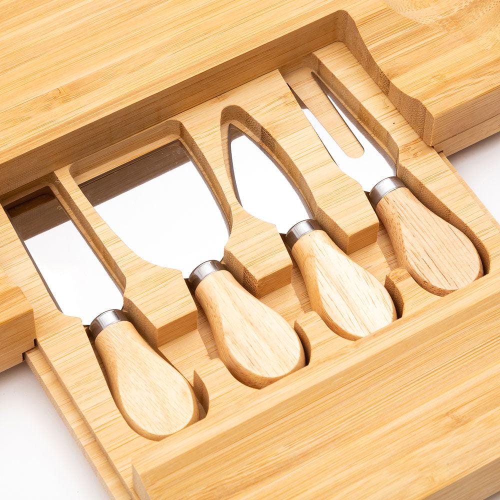 Bamboo Wood Cheese Serving Platter with in-built Single Drawer and 4 Cheese Tools with Wooden Handle Set