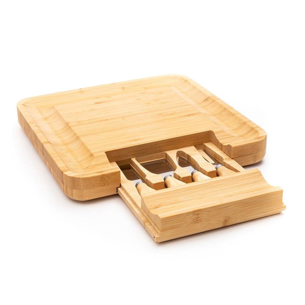 Bamboo Wood Cheese Serving Platter with in-built Single Drawer and 4 Cheese Tools with Wooden Handle Set