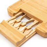 Bamboo Wood Cheese Serving Platter with in-built Single Drawer and 4 Cheese Tools with Wooden Handle Set