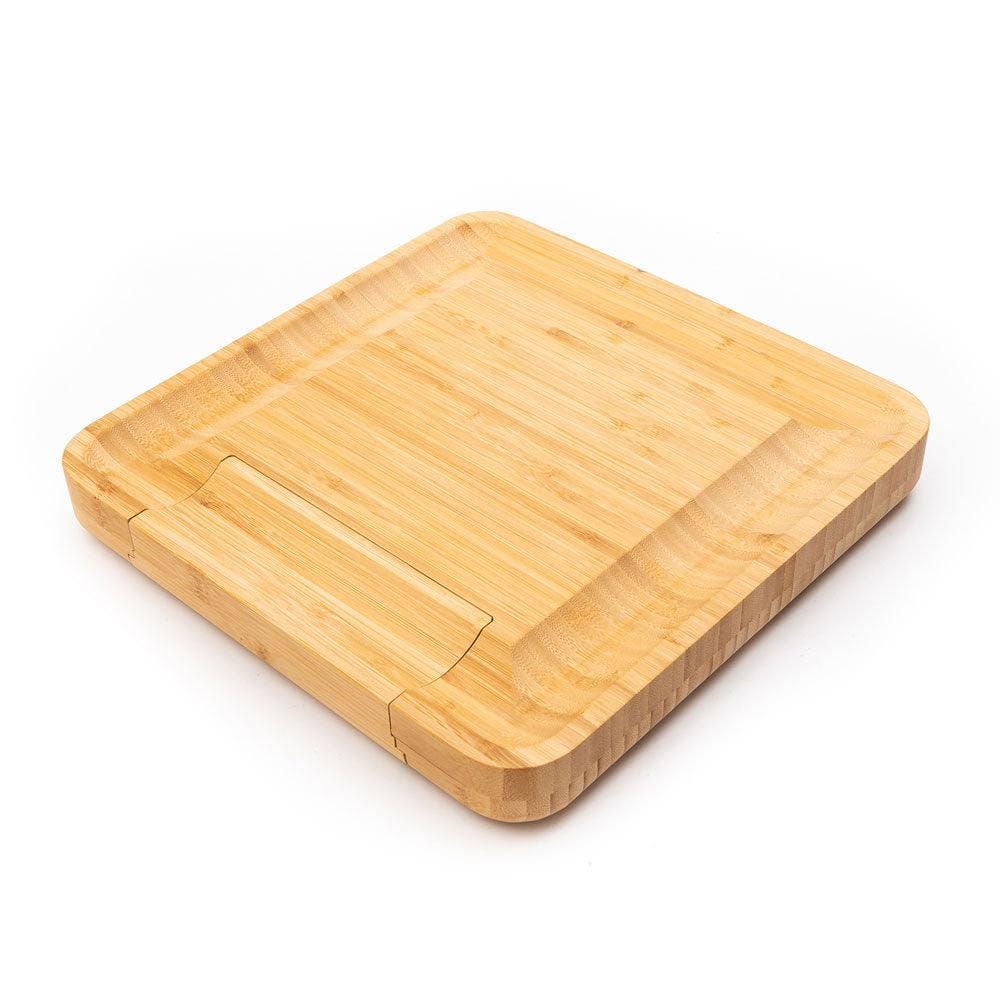 Bamboo Wood Cheese Serving Platter with in-built Single Drawer and 4 Cheese Tools with Wooden Handle Set