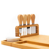 Bamboo Wood Cheese Serving Vertex Platter with 4 Cheese Tools & Wooden Handle Set