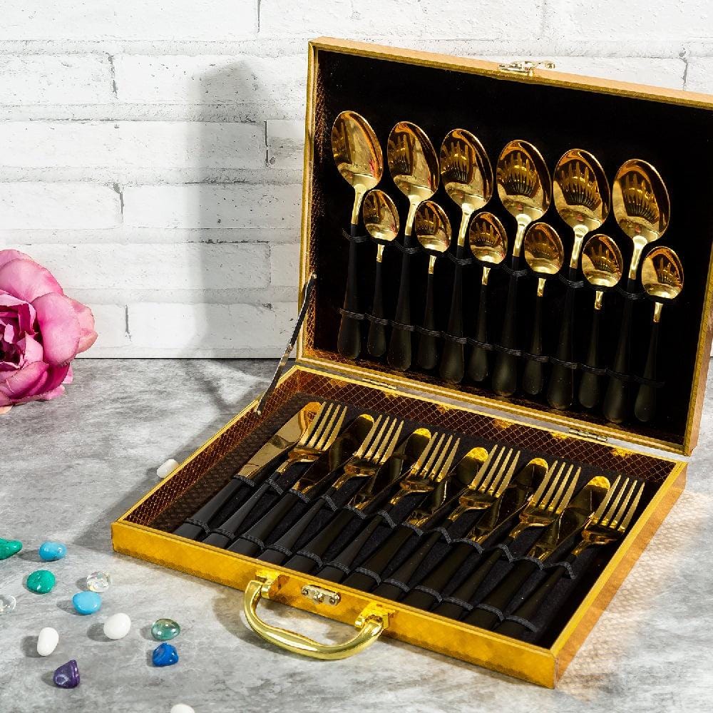 Splendour 24 Piece Stainelss Steel Cutlery Set in Classy Gift Box (Black & Gold)