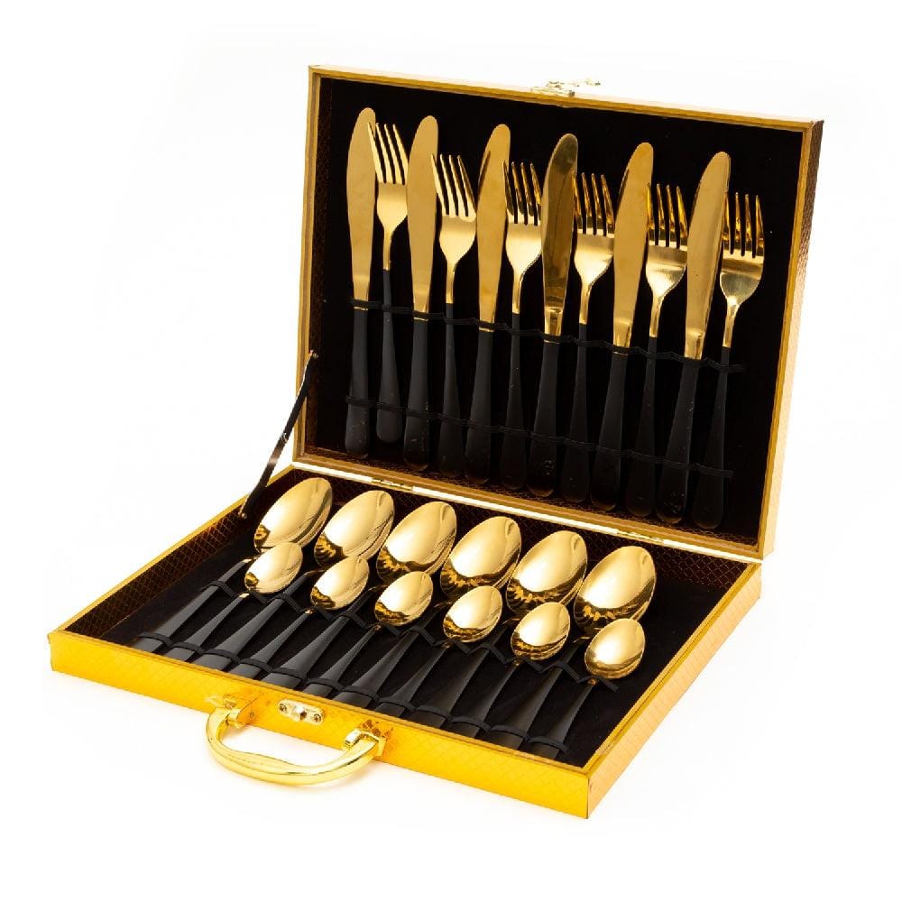 Splendour 24 Piece Stainelss Steel Cutlery Set in Classy Gift Box (Black & Gold)
