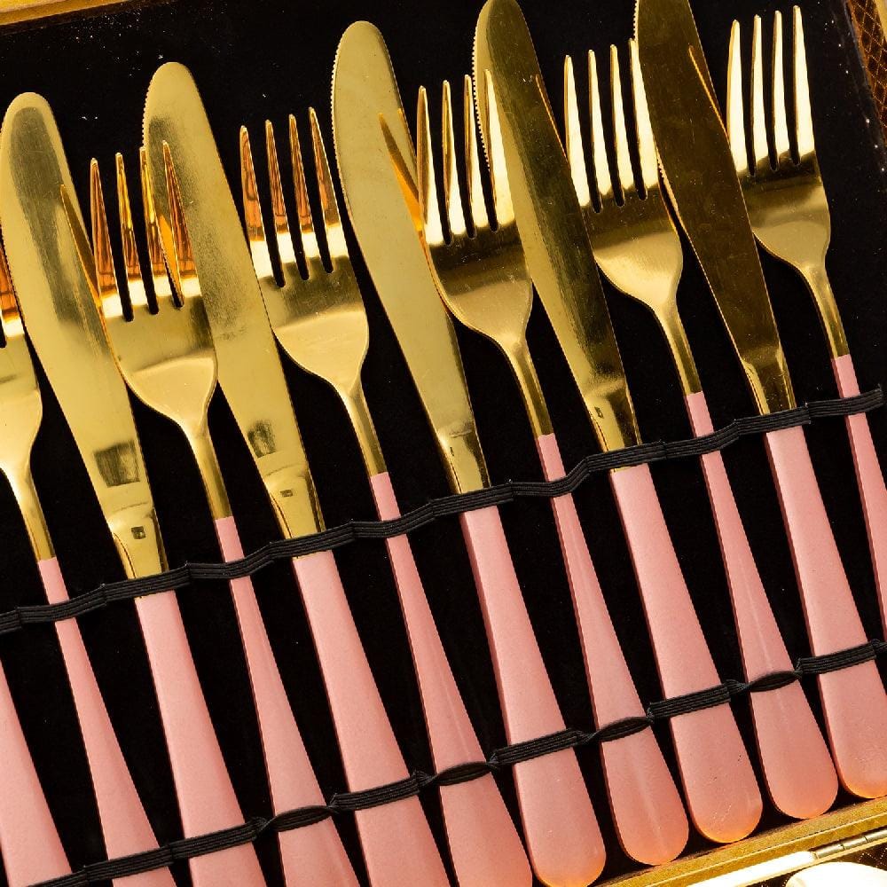 Aurum 24 Piece Stainelss Steel Cutlery Set in Classy Gift Box (Pink & Gold)