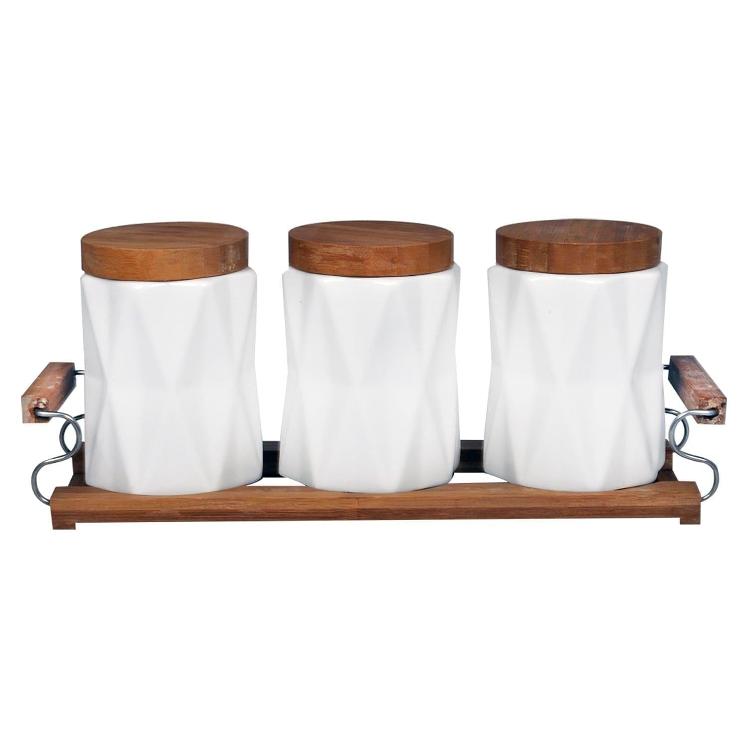 Tea, Coffee, Sugar - 3 White Ceramic Diamond Jars with Lid on Wooden Tray Set
