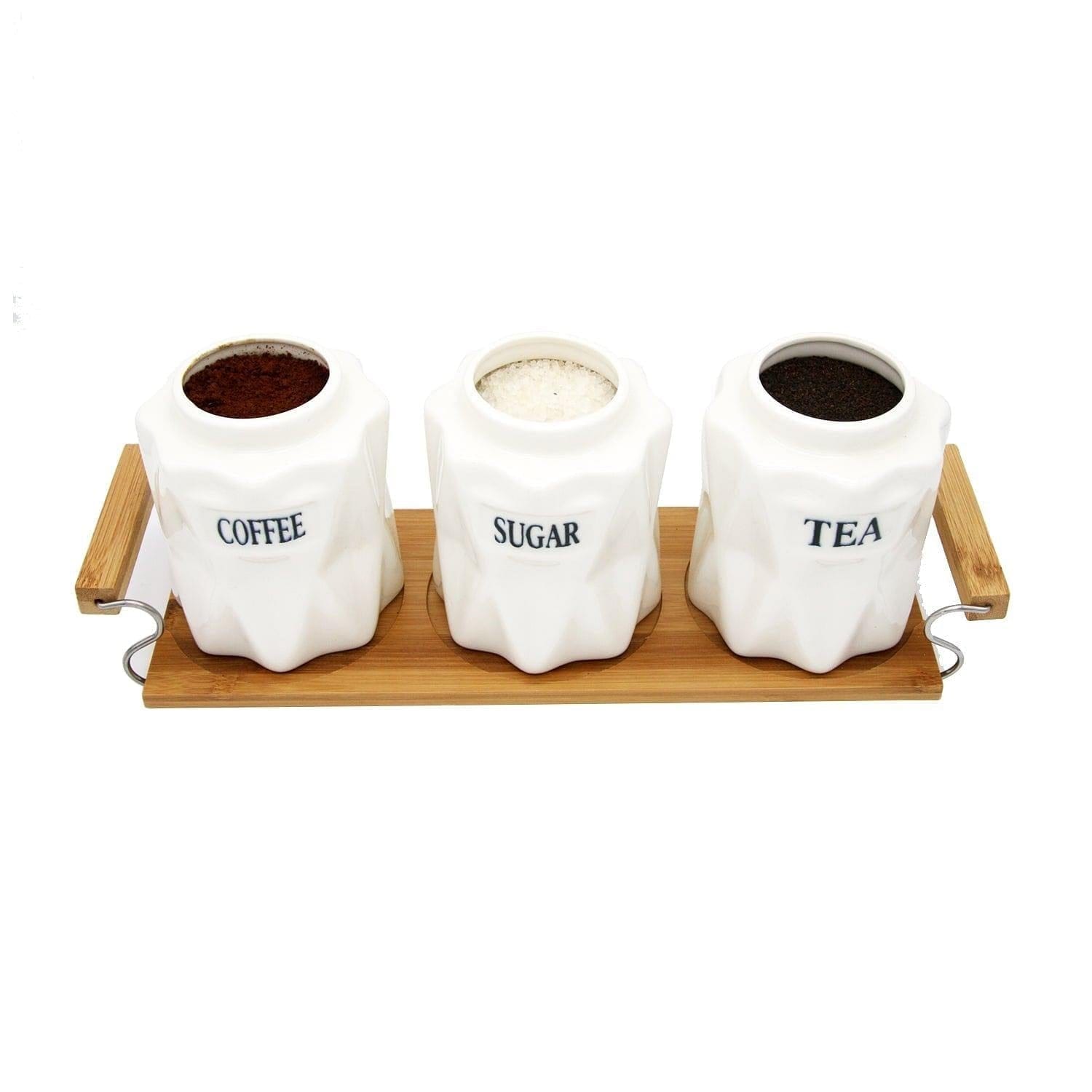Tea, Coffee, Sugar - 3 White Ceramic Diamond Jars with Lid on Wooden Tray Set