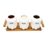 Tea, Coffee, Sugar - 3 White Ceramic Diamond Jars with Lid on Wooden Tray Set