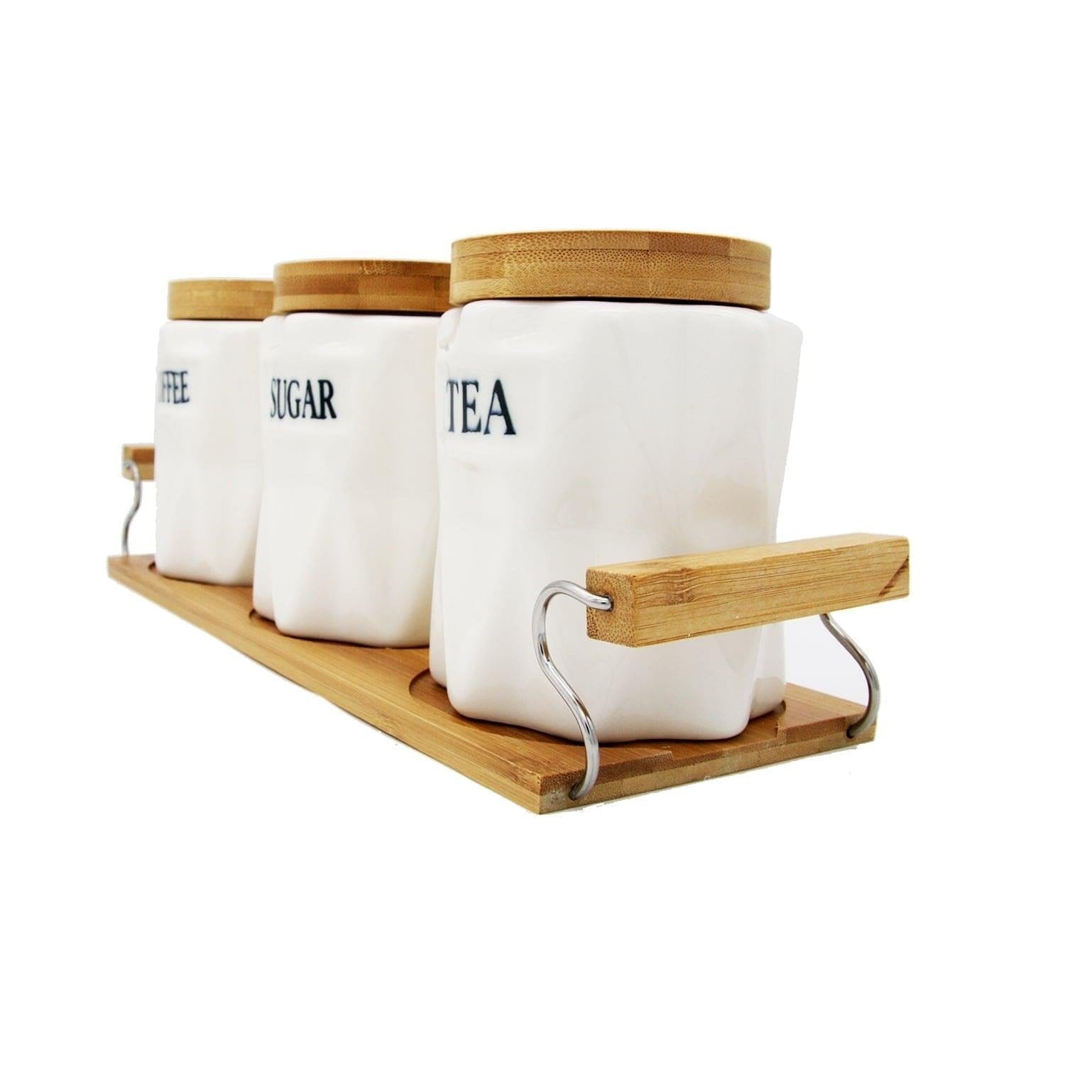 Tea, Coffee, Sugar - 3 White Ceramic Diamond Jars with Lid on Wooden Tray Set