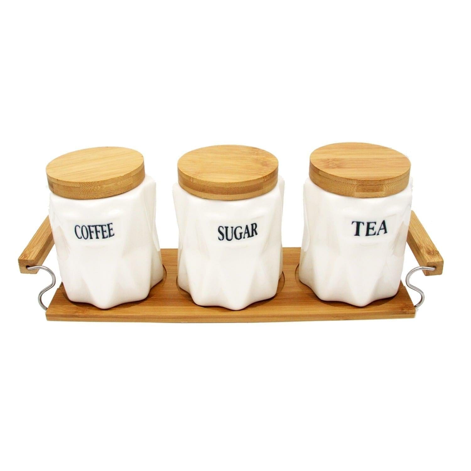 Tea, Coffee, Sugar - 3 White Ceramic Diamond Jars with Lid on Wooden Tray Set