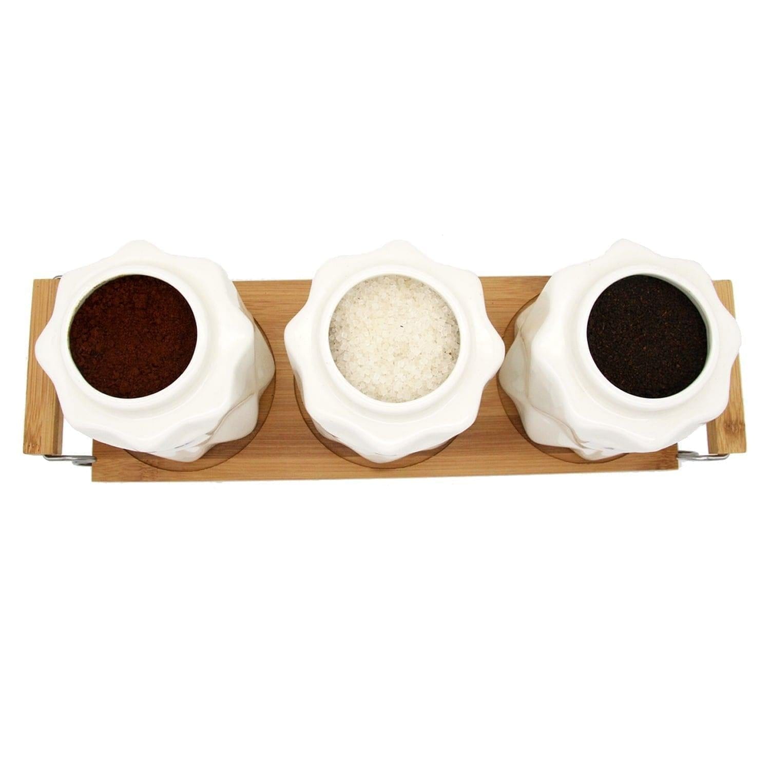 Tea, Coffee, Sugar - 3 White Ceramic Diamond Jars with Lid on Wooden Tray Set