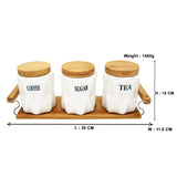 Tea, Coffee, Sugar - 3 White Ceramic Diamond Jars with Lid on Wooden Tray Set