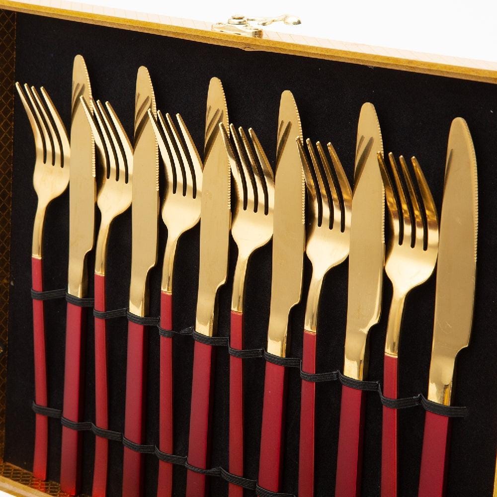 Cressida 24 Piece Stainless Steel Cutlery Set in Classy Gift Box (Golden with Red Handle)