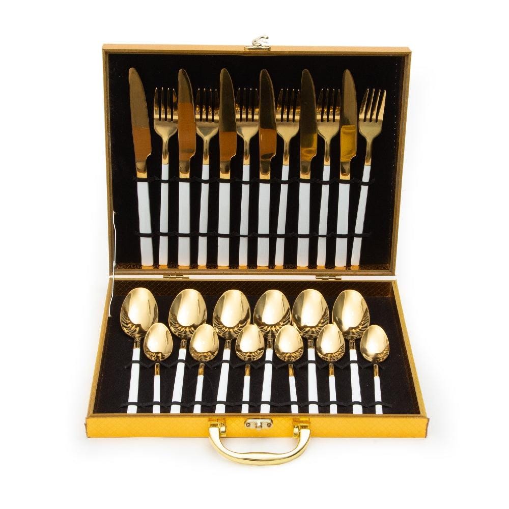 Cressida 24 Piece Stainelss Steel Cutlery Set in Classy Gift Box (Golden with White Handle)