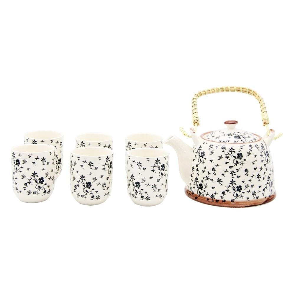 Elegant Floral Ceramic Tea Pot with SS Infuser & 6 Cups Set in Gift Box