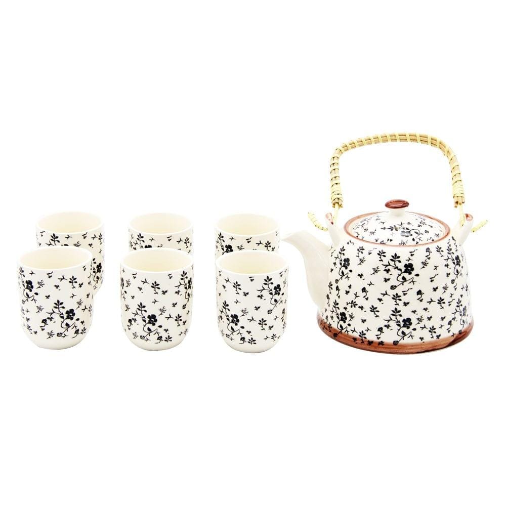 Elegant Floral Ceramic Tea Pot with SS Infuser & 6 Cups Set in Gift Box