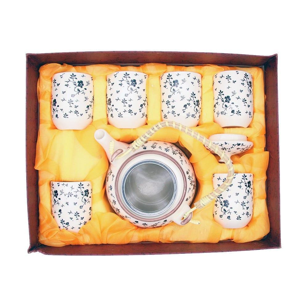 Elegant Floral Ceramic Tea Pot with SS Infuser & 6 Cups Set in Gift Box