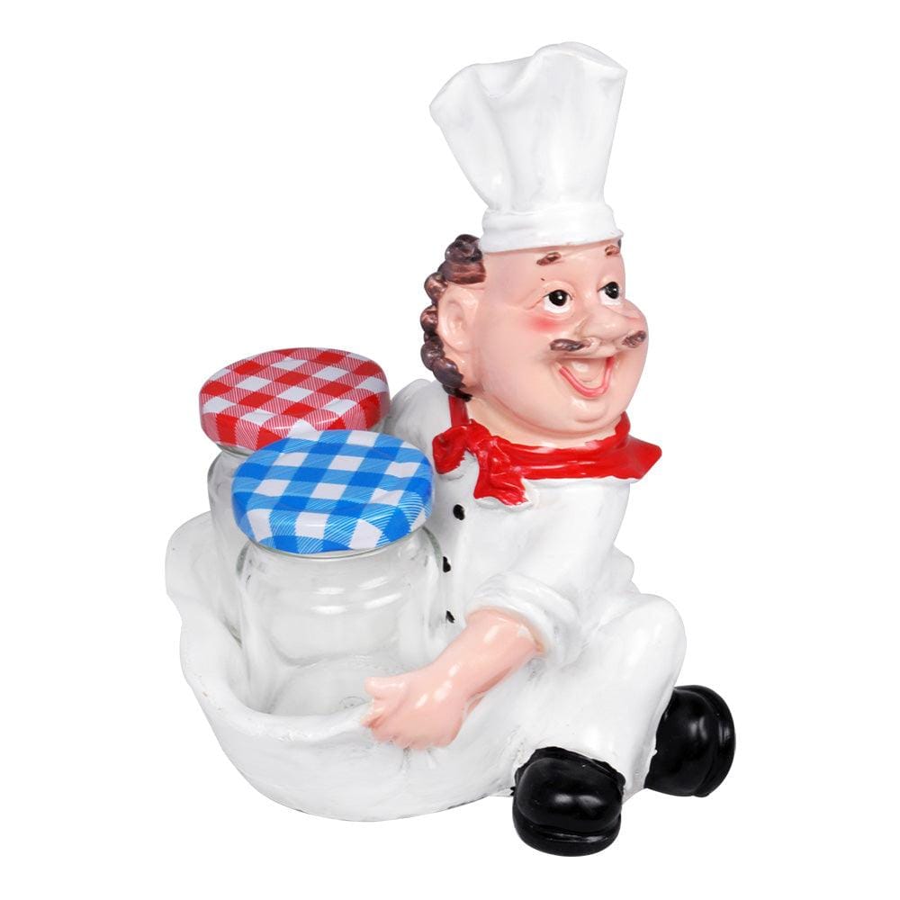 Foodie Chef Figurine Resin Holder with 2 Glass Condiment Jars (Side Facing)