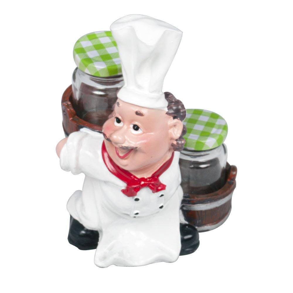 Foodie Chef Figurine Resin Holder with 2 Glass Condiment Jars (Up & Down) (Back Carrying)