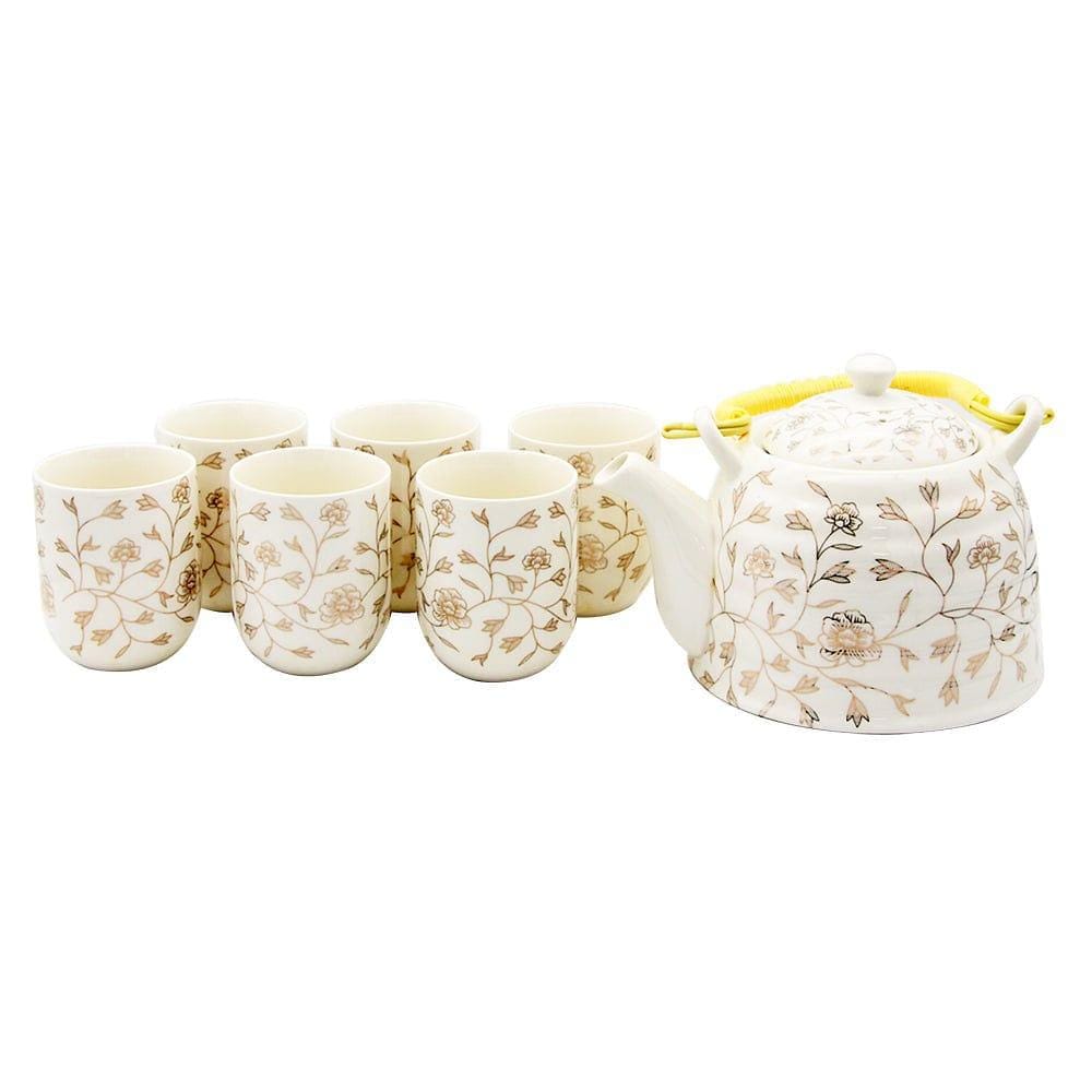 Elegant Gold Flowers on Cream Ceramic Tea Pot & 6 Cups Set with SS Infuser in Gift Box