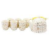 Elegant Gold Flowers on Cream Ceramic Tea Pot & 6 Cups Set with SS Infuser in Gift Box