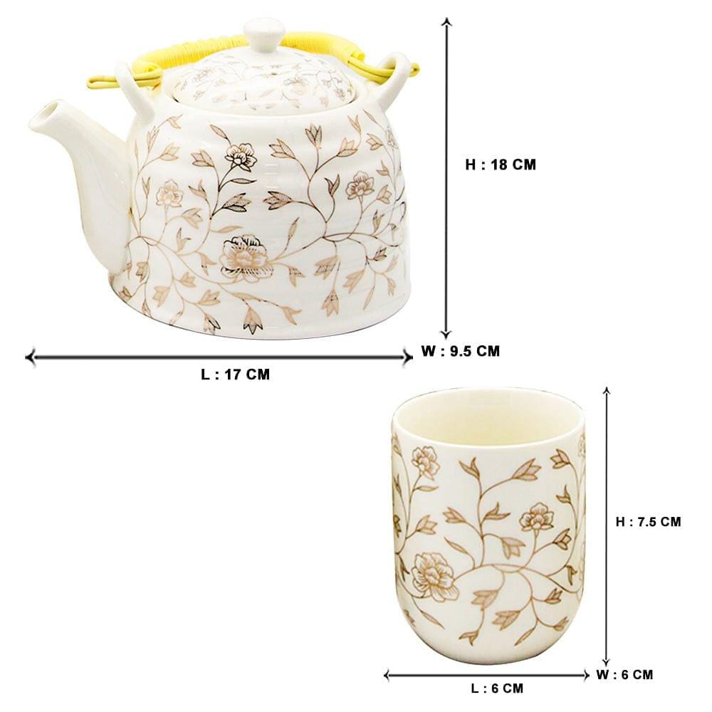 Elegant Gold Flowers on Cream Ceramic Tea Pot & 6 Cups Set with SS Infuser in Gift Box