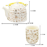 Elegant Gold Flowers on Cream Ceramic Tea Pot & 6 Cups Set with SS Infuser in Gift Box
