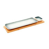 Gray-White Long Rectangle Sushi Plate on Wooden Tray Set (1 Plate - 1 Bowl)