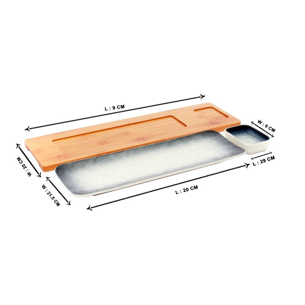 Gray-White Long Rectangle Sushi Plate on Wooden Tray Set (1 Plate - 1 Bowl)