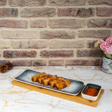 Gray-White Rectangle Sushi Plate on Wooden Tray Set (1 Plate - 1 Bowl)