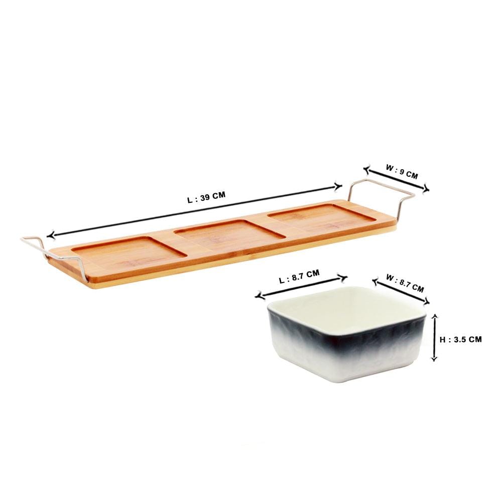 Gray-White 3 Ceramic Serving Bowls on Wooden Tray Set