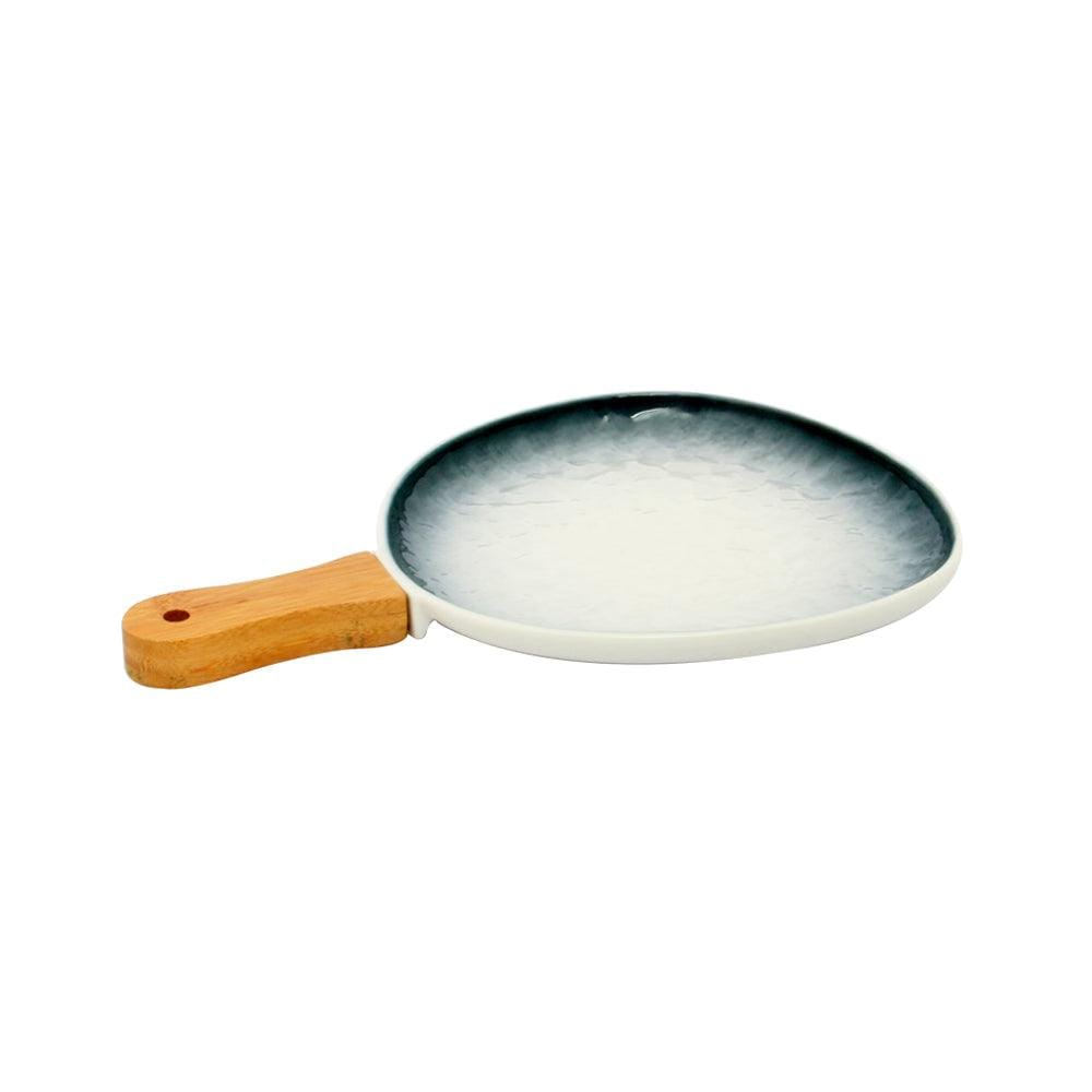 Gray-White Ceramic Serving Platter with Wooden Handle