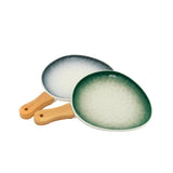 Gray-White Ceramic Serving Platter with Wooden Handle
